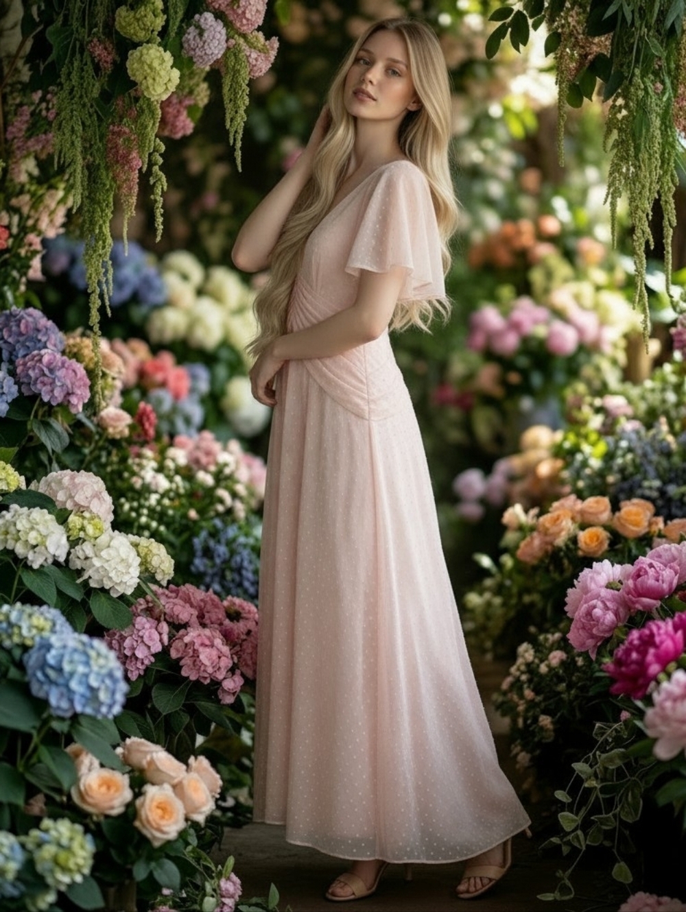 Katie May Blush Pink Swiss Dot Open Back Maxi Dress